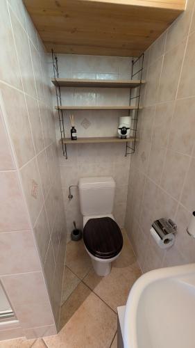 a bathroom with a toilet with a black seat and a sink at Petit studio à Lourtier in Lourtier