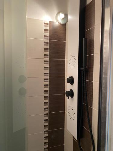 a bathroom with a shower with a glass door at Casa Vacanza Pigna in Pigna