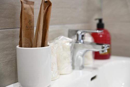 a toilet paper holder sitting on a bathroom sink at Casa Lissi in Bordighera