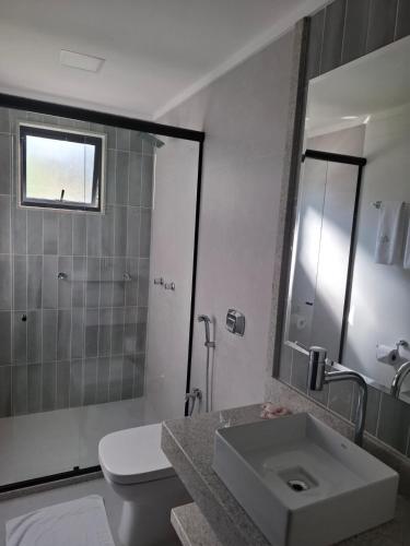 a bathroom with a sink and a toilet and a mirror at Alpes Hotel in Venda Nova do Imigrante