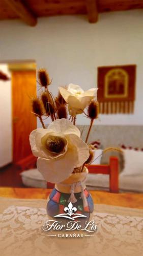 a vase filled with flowers on a table at Cabañas Flor De Lis in Valle Hermoso