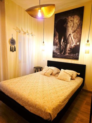 a bedroom with a bed with a picture of an elephant at 1A Liberte in Saint-Affrique