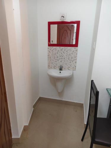 a bathroom with a sink and a mirror on the wall at Sheelas stay in Guruvāyūr