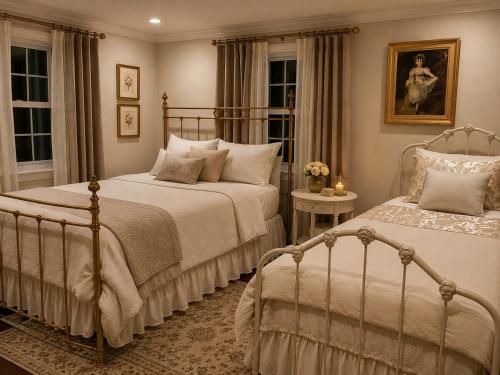 a bedroom with two beds and a window at Gilded Age Luxury Surrounded by Nature in Norwalk