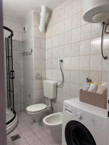 a bathroom with a toilet and a washing machine at Emama Residence Mostar in Mostar