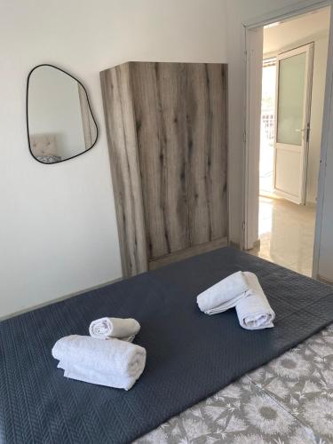 two towels sitting on a bed with a mirror at Georgia's House Olympiada in Olympiada
