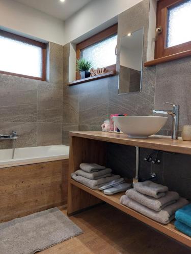 a bathroom with a sink and a bath tub at Village Premium Apartment by Český Krumlov Adults Only in Střížov