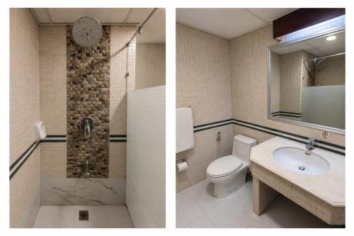 two pictures of a bathroom with a toilet and a sink at Hotel Galaxy in Karachi