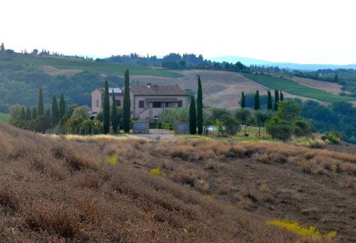 a house in the middle of a field with trees at Podere Cedrola in Asciano