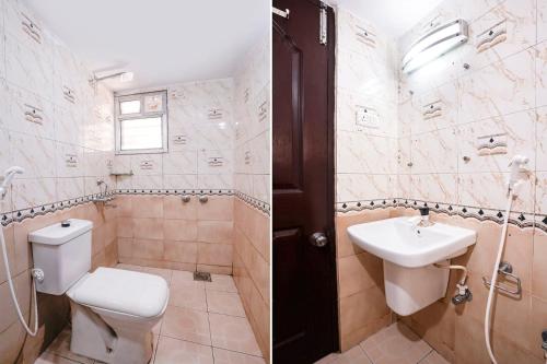 two pictures of a bathroom with a toilet and a sink at Triple Beach Guest House in Benaulim
