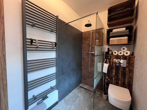 a bathroom with a glass shower and a toilet at Dom Na Wsi z Balią Ogrodową-Jacuzzi in Mierzwin Duży