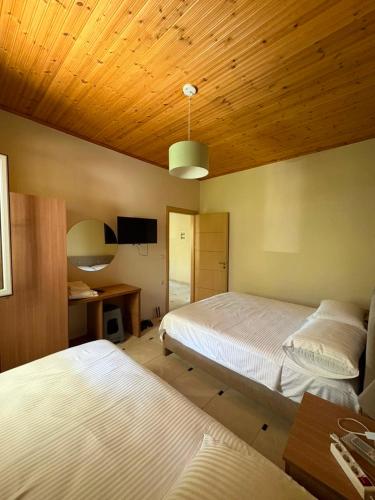 a bedroom with two beds and a wooden ceiling at Mountain House Përmet 
