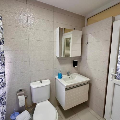 a bathroom with a white toilet and a sink at In The House Hostel in Prishtinë