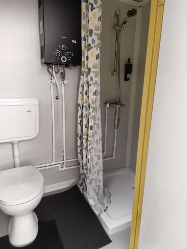 a bathroom with a toilet and a shower at Lodge18 in Châteaumeillant