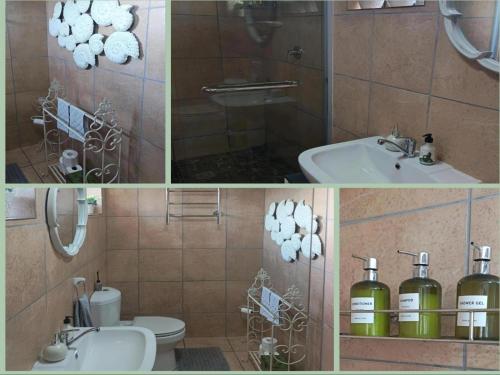 three pictures of a bathroom with a toilet and a sink at Nouvelle Vie Self-catering Accommodation in Reebok