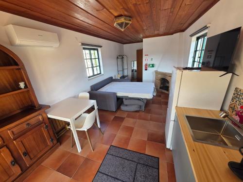 a small room with a bed and a kitchen at Cantinho nas Varzeas in Loulé