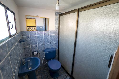 a bathroom with a blue toilet and a sink at Hostal Terra Sal - Bed, Breakfast, Garage & Salar de Uyuni Tours in Uyuni