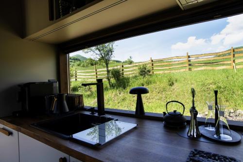 a kitchen sink and a window with a view of a field at Gradmina Glamping Retreat in Prevala