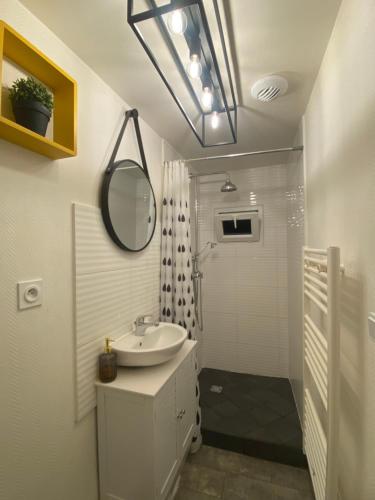 a bathroom with a sink and a mirror and a shower at Gilie beach in Saint-Brevin-les-Pins