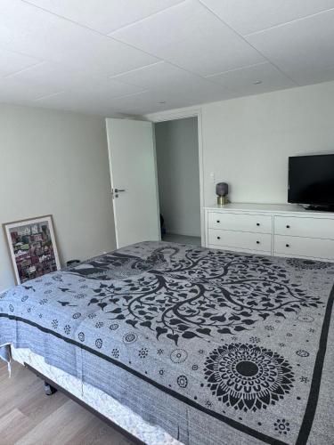 a bedroom with a bed and a flat screen tv at Tønder Byhus in Tønder