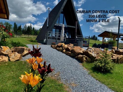 a building with a bunch of flowers in front of it at Chalet Charme Bucovina in Coşna