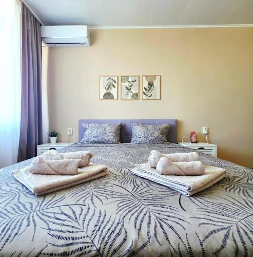 ein Schlafzimmer mit einem großen Bett und zwei Kissen darauf in der Unterkunft Flyspot Apartment in Sofia