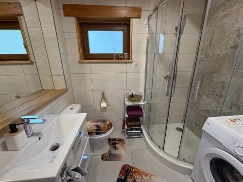 a bathroom with a shower and a sink and a washing machine at Bociani Zakątek nad jeziorem in Leszczewo