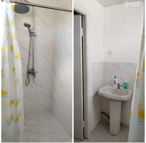 two pictures of a bathroom with a shower and a sink at Meronc Mot Guesthouse in Stepʼanavan
