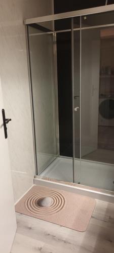 a shower with a glass door with a drain at Gîte Le Citronnier - Piscine partagée in Lagorce