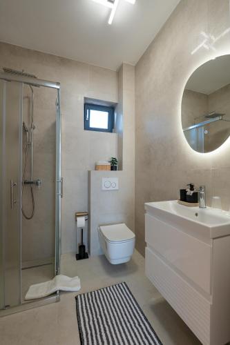 a bathroom with a sink and a toilet and a mirror at Villa Meritus in Gramače