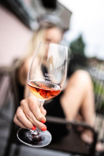 a woman is holding a glass of wine at Gere Art&Exclusive Apartments in Harkány