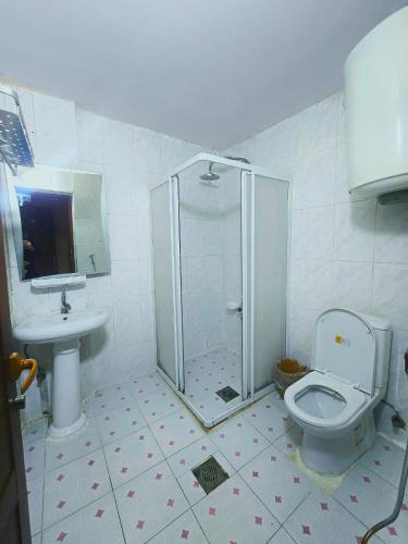 a bathroom with a shower and a toilet and a sink at HERSH Palace Hotel in Erbil