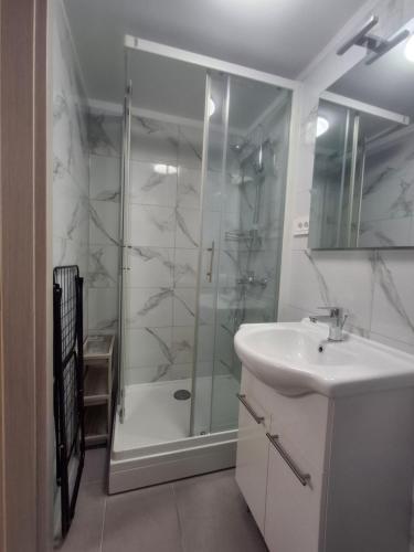 a bathroom with a shower and a sink and a toilet at Villa Ivana in Koper