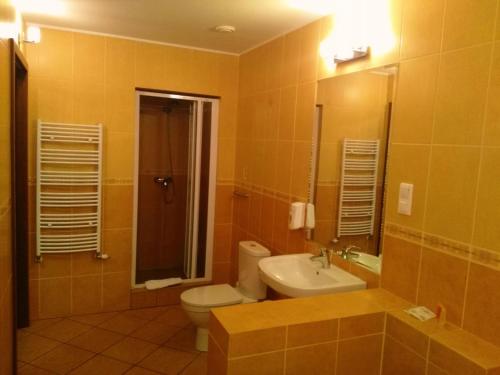a bathroom with a toilet and a sink at Hotel Bartis in Bartoszyce