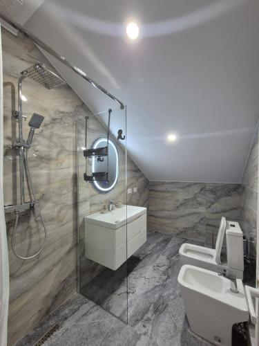 a bathroom with a shower and a sink and a toilet at FloVa Apartment in Valjiosi