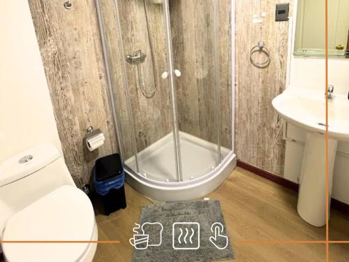 a bathroom with a shower and a toilet and a sink at Noth Central in Osorno