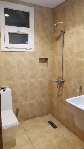 a bathroom with a toilet and a sink and a window at Alzahraa apartment in Salalah