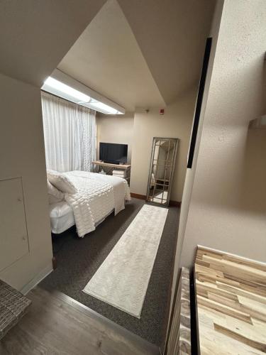 ein Schlafzimmer mit einem Bett, einem Fenster und einer Leiter in der Unterkunft Healing Properties in Sioux Falls