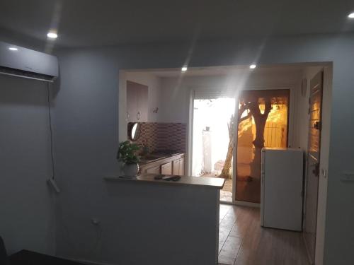 a kitchen with a counter and a refrigerator at Studio in La Goulette