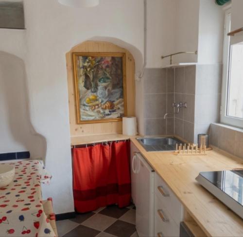 a kitchen with a sink and a red towel at Authentic and Charming apartments between Cinque Terre and Portofino - Velva House in Velva