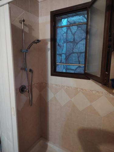 a shower in a bathroom with a window at La perla del mare in Santa Flavia