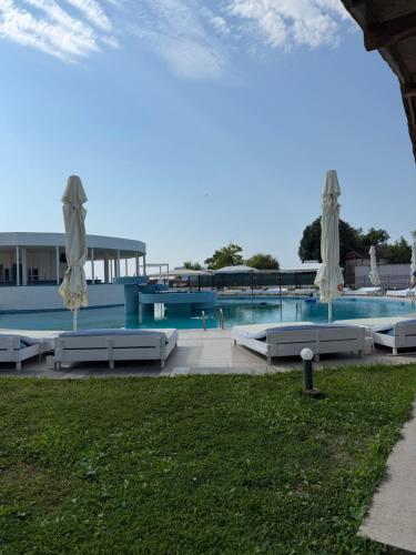 a swimming pool with white umbrellas and a pool at Palace Resort in Venus