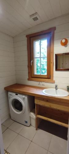 a bathroom with a sink and a washing machine at Wooden chalet with splendid view in Fresse-sur-Moselle