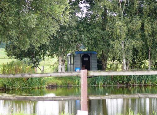 a dog house sitting in the middle of a body of water at Pension am Birkensee in Detern