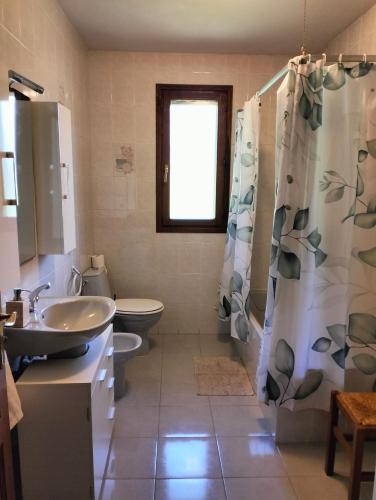 a bathroom with a sink and a toilet and a shower at Casa Rural Mikelenea in Lecároz