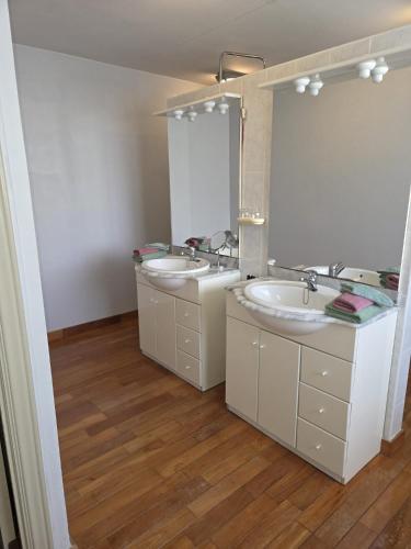 a bathroom with two sinks and a large mirror at All Together in Rupelmonde