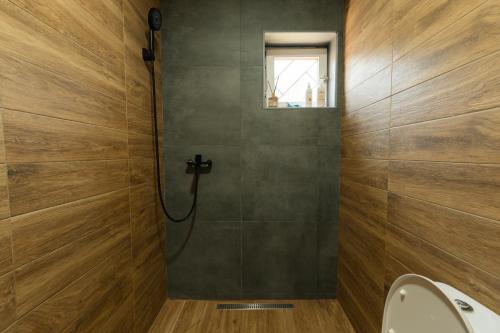 a bathroom with a shower with a sink and a toilet at Casa Al Tramonto in Brestovi