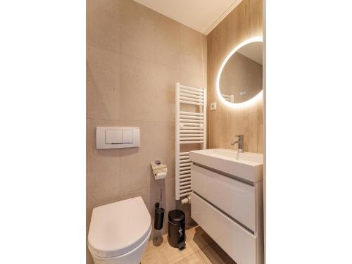 a bathroom with a toilet and a sink and a mirror at Coastal Escape w Sauna in Zoutelande