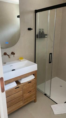 a bathroom with a white sink and a shower at Acouga in Miñortos