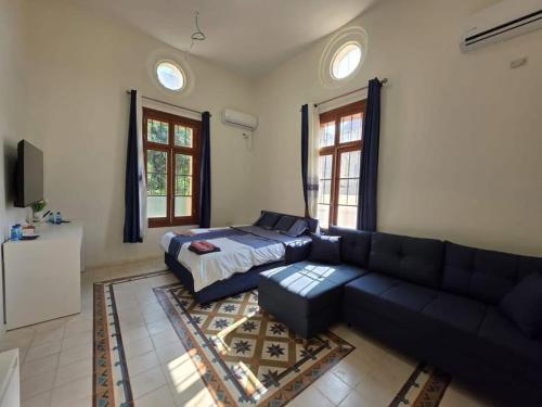 a living room with a couch and a bed at Ja guest house in Tel Aviv